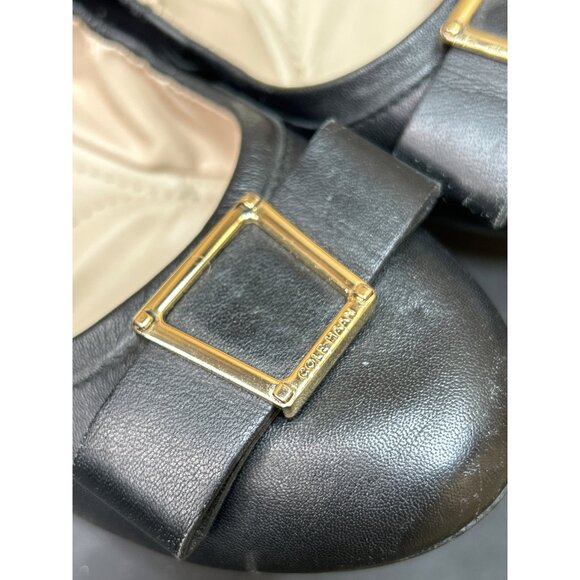 Cole Haan Womens Black Leather Flats With Gold Buckle Detail Size 7 - Picture 4 of 9